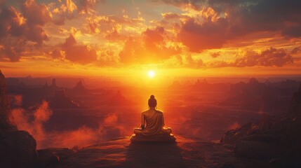 Golden Buddha Statue at Sunset Over Dramatic Canyon Landscape Serenity Meditation