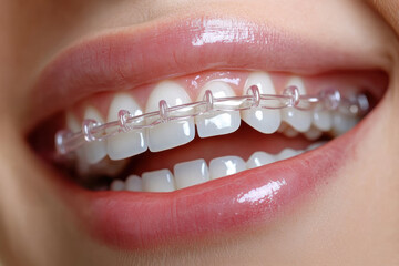 close up of woman mouth showcasing clear orthodontic braces on straight teeth, highlighting dental care and oral health