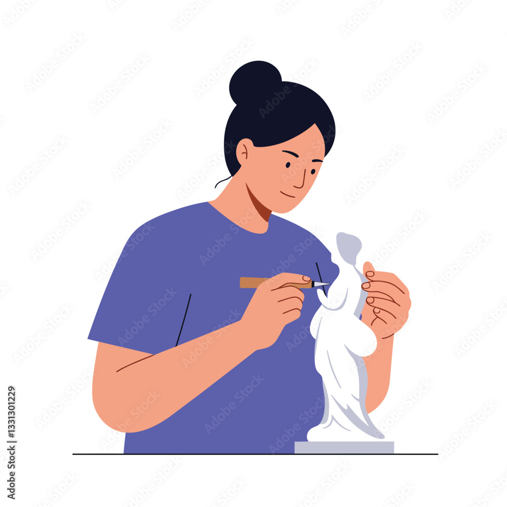 Poster sculptor creating a detailed statue in minimal flat design vector art
