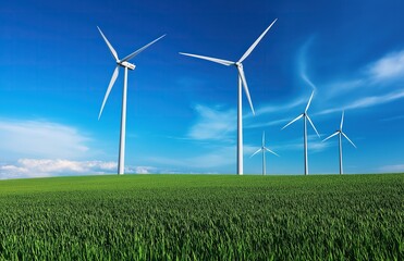 Wind Turbines on Green Grass Field with Blue Sky Background. Sustainable Energy Concept