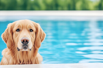 Golden retriever dog by a swimming pool, looking directly at the camera