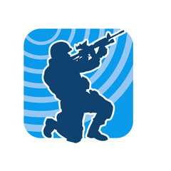 Silhouette of a male soldier carrying machine gun weapon. Silhouette of a sniper shooter in action.