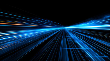 Blue light speed background, high-speed tunnel with glass grid, futuristic technology style, speed lines and luminous effects, black gradient background, blue glow, dynamic blur effect, wide perspecti