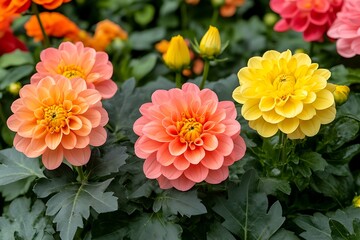 Peach and yellow dahlias blooming garden © iyo