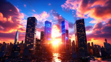 Obraz premium A vibrant sunset illuminates modern skyscrapers, creating a stunning cityscape with colorful reflections on water.