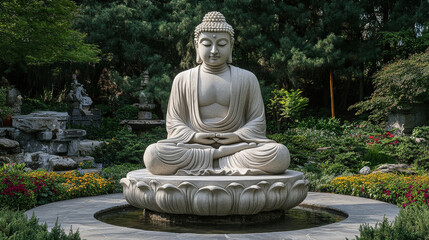 Obraz premium Serene Buddha Statue in a Tranquil Zen Garden Landscape