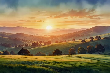 Fototapeta premium Sunrise over rolling hills in watercolor style