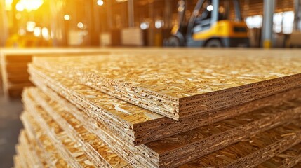 Wood panels stacked neatly, forklift blurred in background. Bright sunlit warehouse