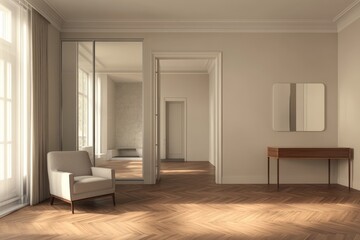 Obraz premium Sunlit minimalist apartment interior with parquet floor, armchair, and mirror.