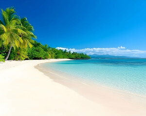 Fototapeta premium Idyllic tropical beach with white sand, turquoise water, and lush palm trees under a vibrant blue sky