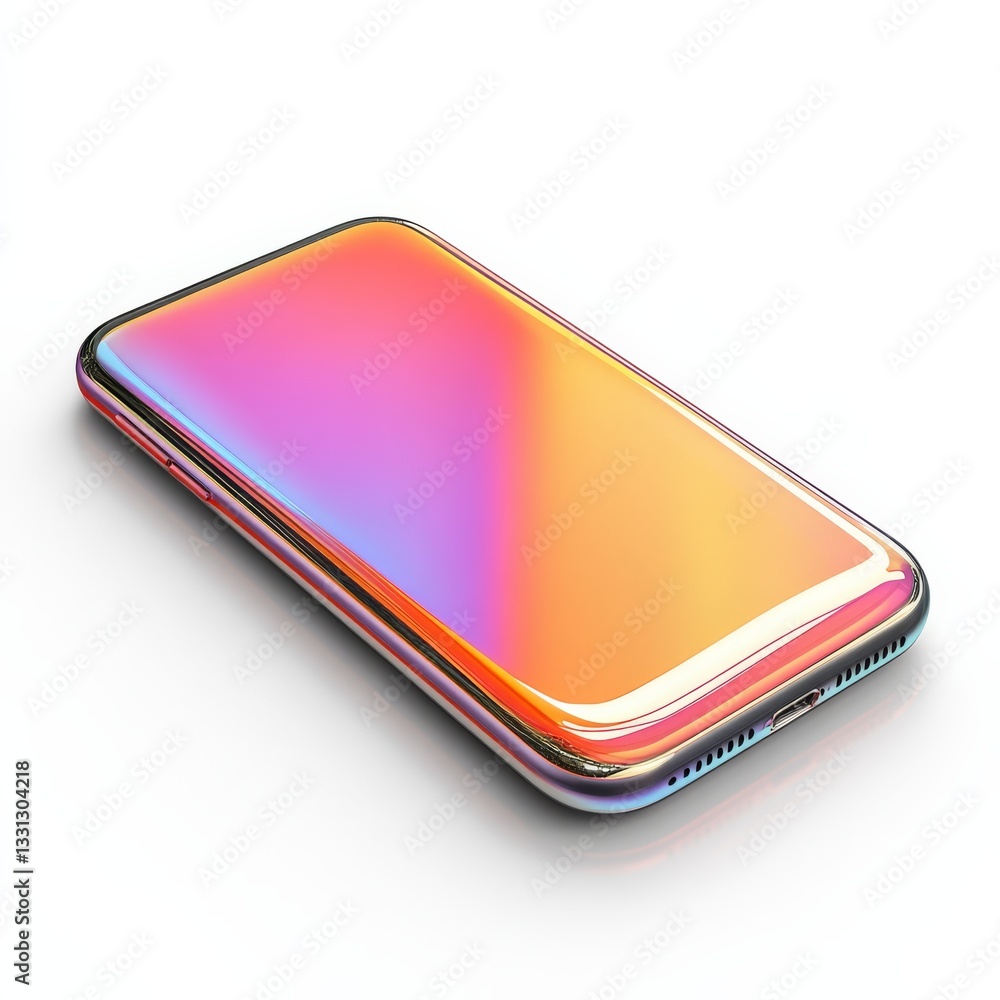 Aufkleber sleek smartphone with iridescent display resting on white background, minimalist and modern aestheti