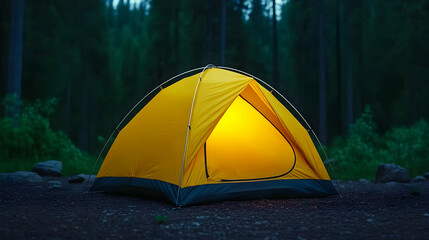 Illuminated yellow tent in dark forest at night