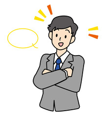 腕組みして喋るスーツの男性