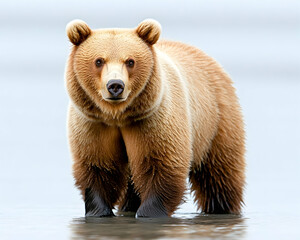 Obraz premium Large light brown bear standing in shallow water, facing forward