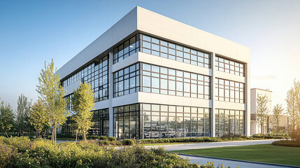 Fototapeta premium Modern office building with large glass windows and greenery