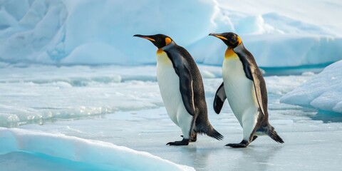 Obraz premium Majestic pair of king penguins marching in unison across icy terrain antarctica wildlife photography blazing blue ice environment eye-level viewpoint nature's grace