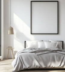 Sunlit minimalist bedroom with large frame, bed, and side table.