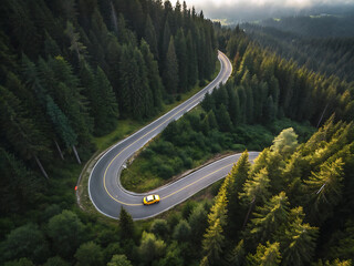 Aerial View of Winding Mountain Road Through Dense Forest