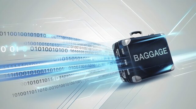Digital illustration of a suitcase with the text "baggage" and flickering binary code &ndash; Ideal for business data, tech, or travel branding.