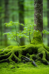 Lush green moss covers exposed tree roots and young saplings in a forest