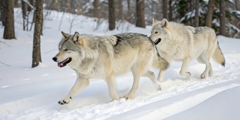 Fototapeta premium Dynamic pair of wolves running side by side in the snowy forest nature photography winter landscape captured from a natural viewpoint symbolizing strength and unity