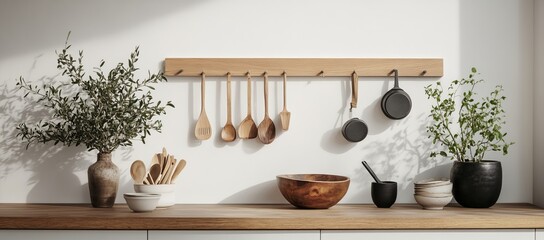 A kitchen counter with a wooden shelf holding various kitchen utensils