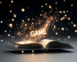 Magical open book with glowing "GAME" emerging from its pages
