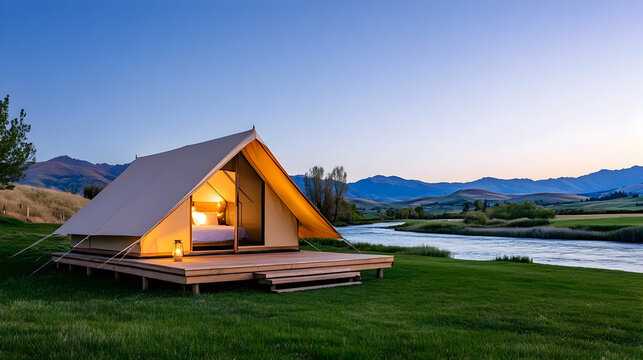 Luxurious glamping tent at dusk near river and mountains