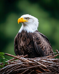 Fototapeta premium Majestic bald eagle perched in its nest, head turned, against a blurred green background