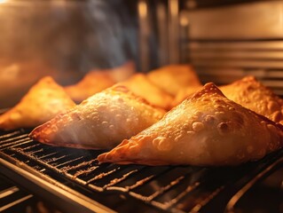 Crispy Golden Pastries Baking in Oven with Steam and Warm Light Highlighting Delicious Texture and Shape of Savory Treats