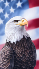 Obraz premium Majestic bald eagle portrait against a US flag backdrop