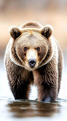 Obraz premium Majestic brown bear wading in shallow water, directly facing camera