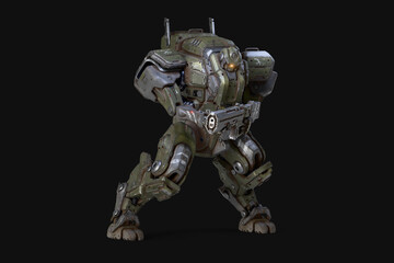 3d render of sci-fi mech soldier stands in an attack pose holding an assault rifle with both hands. Concept of big military robot warrior in heavy green, gray scratched metal armor on dark background.