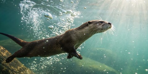 Obraz premium Playful river otter blowing bubbles underwater freshwater habitat wildlife photography aquatic environment underwater view nature concept
