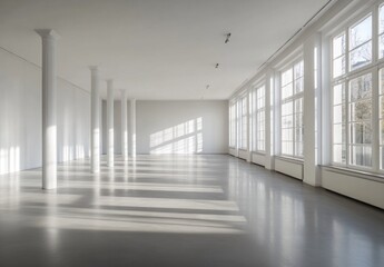 Sunlit minimalist empty room with columns and large windows.