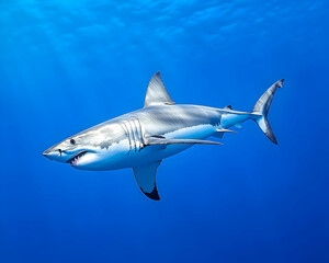 Fototapeta premium Majestic great white shark swimming in clear blue ocean water (1)