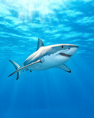 Fototapeta premium Majestic great white shark swimming in sunlit ocean depths