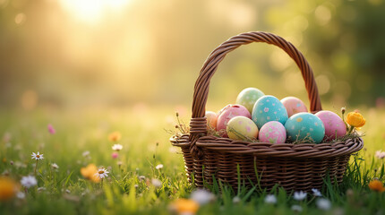 Easter eggs nestled in a basket amidst a colorful flower field, celebrating the joy and beauty of spring and Easter traditions.