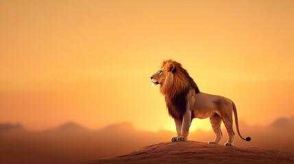 Majestic male lion standing proudly on a hilltop at sunset, overlooking a hazy landscape