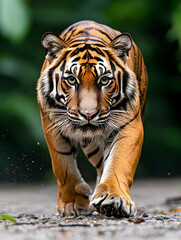 Fototapeta premium Majestic tiger walking towards camera, intense gaze, blurred background