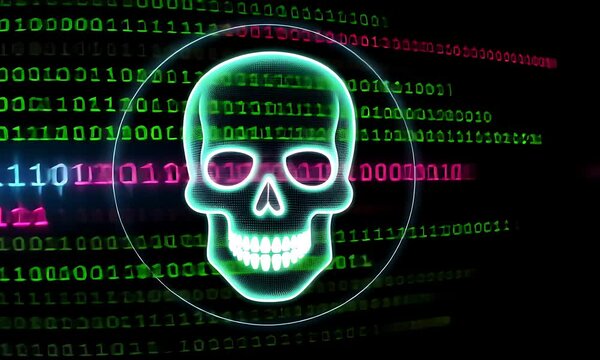 Digital skull, binary code, cyberattack