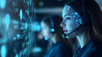 Elevating customer service with blue technology hologram of Digital on screen network, Staff women with headsets and AI interfaces. Call center with Technology Internet and network concept