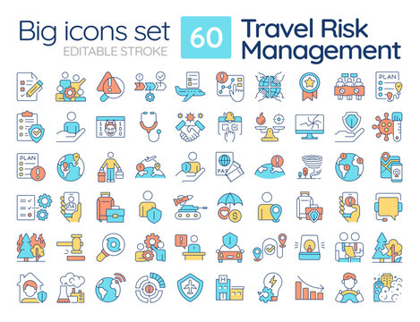 Travel risk management RGB color icons set. Protecting business travelers on journeys. Safety providing. Isolated vector illustrations. Simple filled line drawings collection. Editable stroke