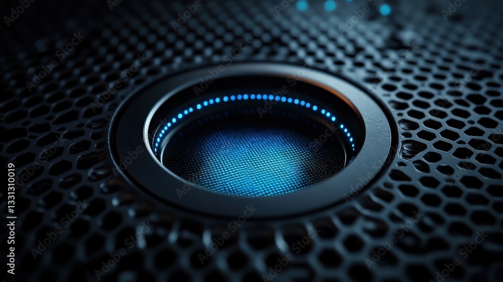 Poster futuristic technology close up of illuminated circular interface on dark honeycomb grid