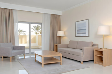 Fototapeta premium Modern living room with beige sofa, armchair, coffee table, and patio access