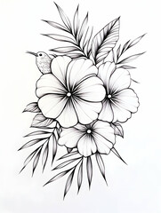 Monochrome line art of tropical flowers and a bird