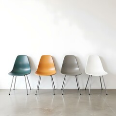 Obraz premium Four colorful plastic chairs arranged in row against white wall with concrete floor, minimalist interior design captured from angular perspective using natural light