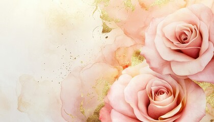 Watercolor Pink Roses with Gold Glitter on Cream Background