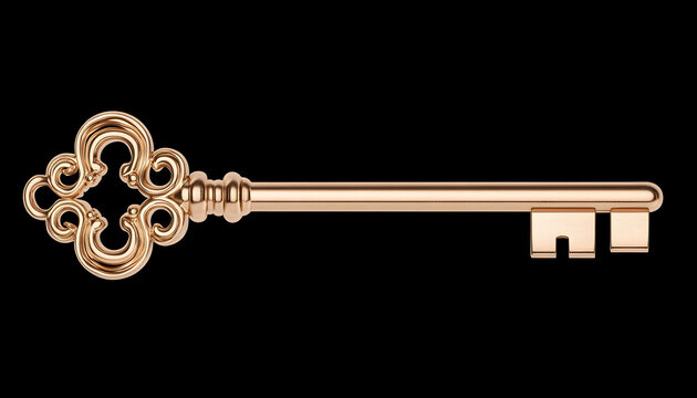 Ornate rose gold skeleton key isolated on black