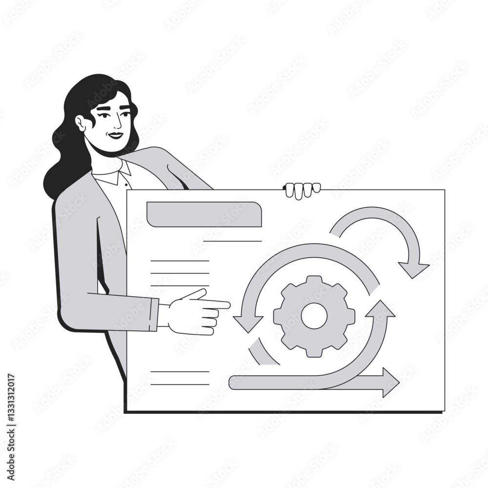 Poster process analysis line conceptual illustration. business management, control. businesswoman presentin
